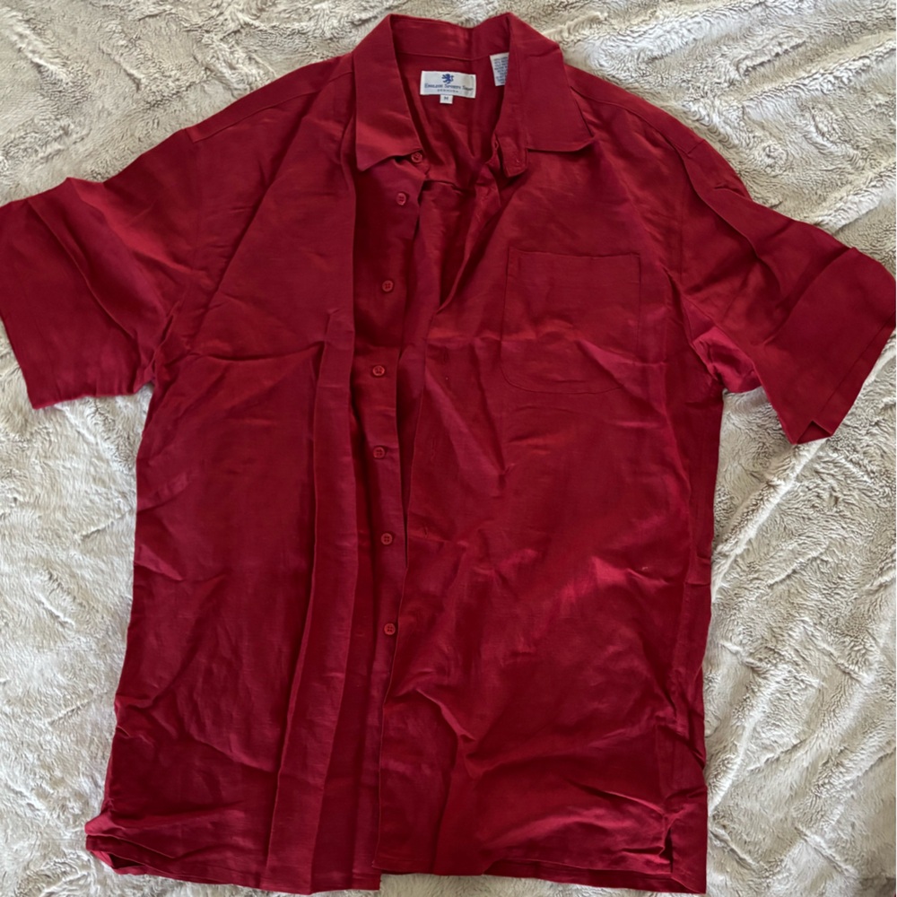 Bermuda British Linen Short-Sleeve Red Button-Down Casual Shirt Oversized